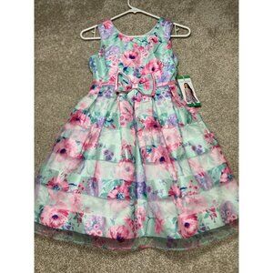 Jona Michelle Girls Floral Party Dress With Bow Accent & Tulle Overlay Size 8